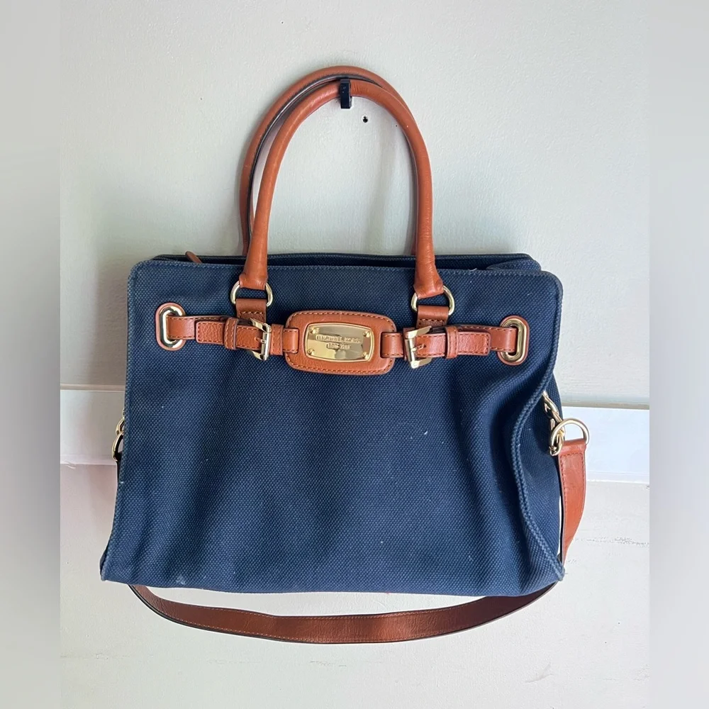 Michael Kors Navy Canvas Satchel with Tan Leather Trim